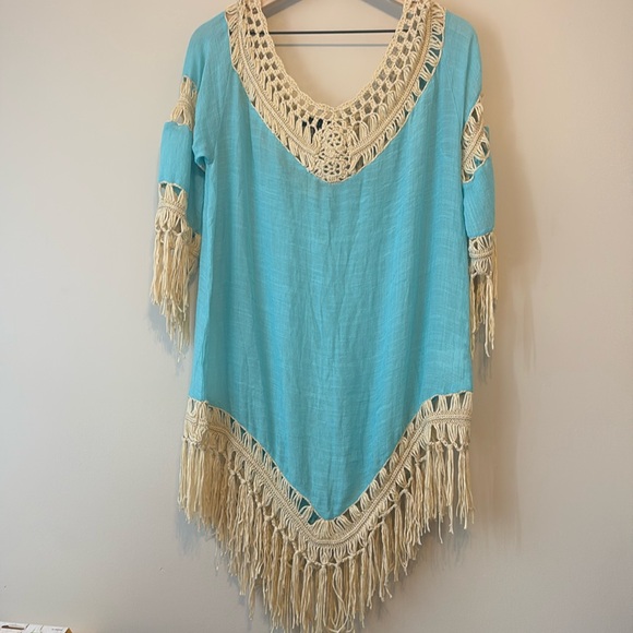 Spiaggia Dolce Boho Cover Up Womens L Blue Crochet Long Sleeve V Neck Fringe - Picture 1 of 3